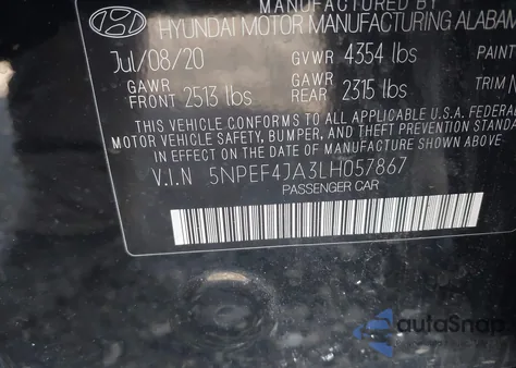 2020 Hyundai Sonata Sel из США, поврежденный, VIN 5NPEF4JA3LH057867